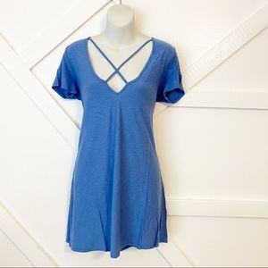 Michelle by Comune Teviston Strappy Chest Short Sleeve Tunic Shirt Blue Sz M